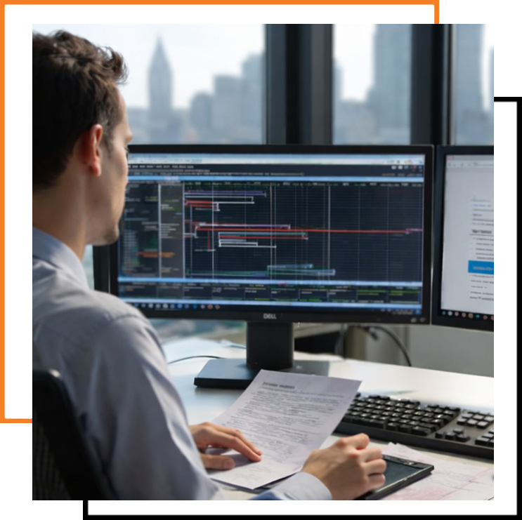 Project manager using computer software to schedule construction tasks and timelines.